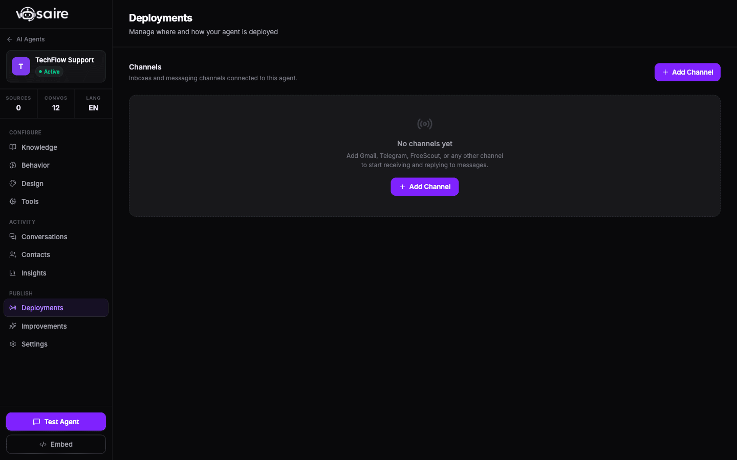 Vosaire channels tab showing connected website widget, Gmail, WhatsApp, and Telegram channels