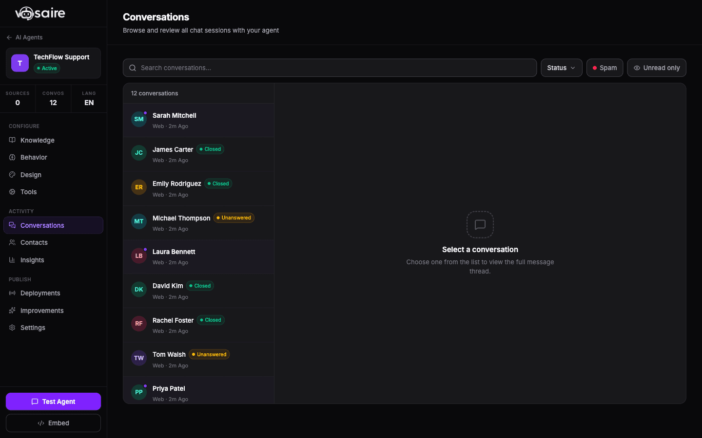 Vosaire chat widget answering a product question