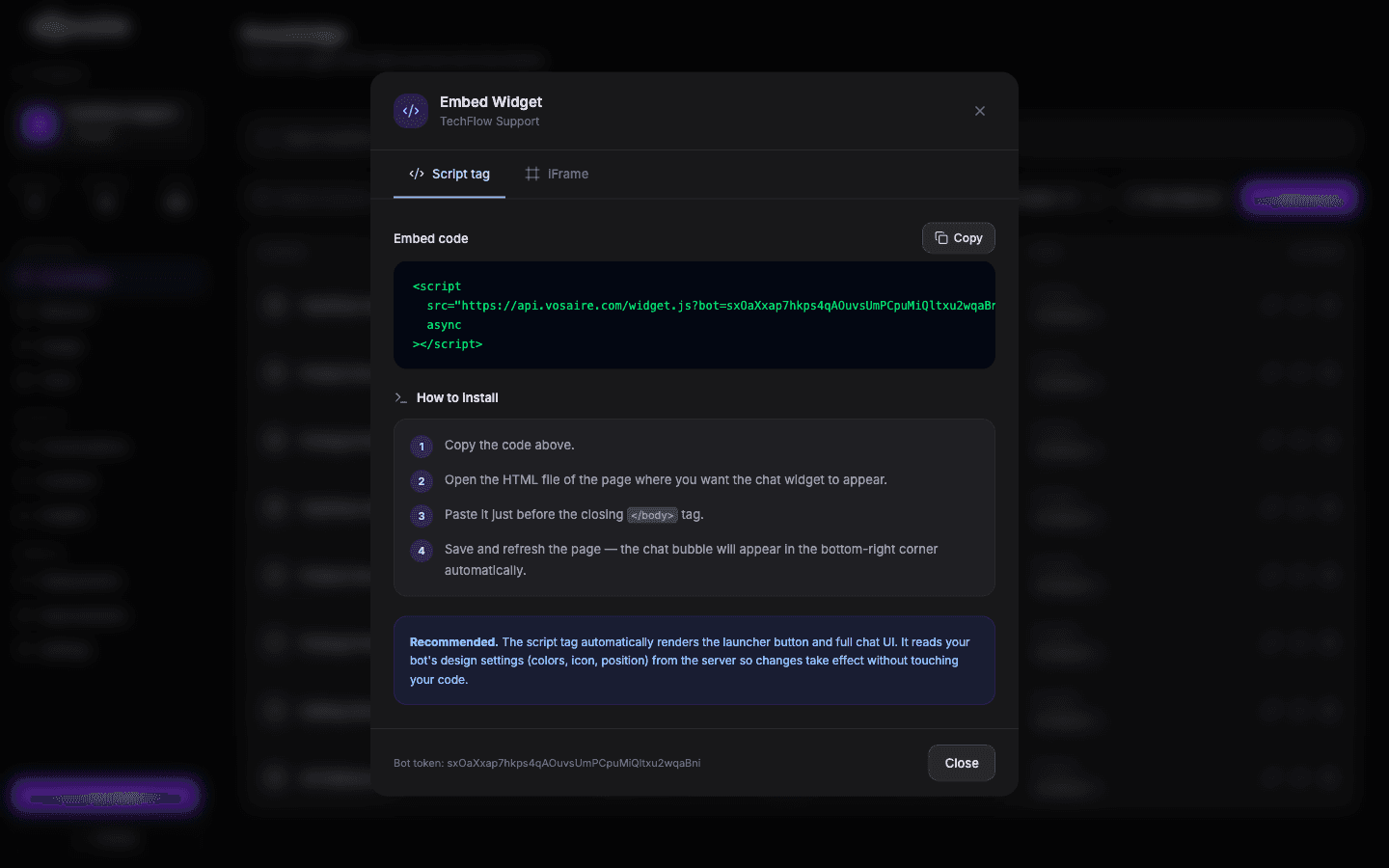 Vosaire embed code panel showing the script tag and widget preview