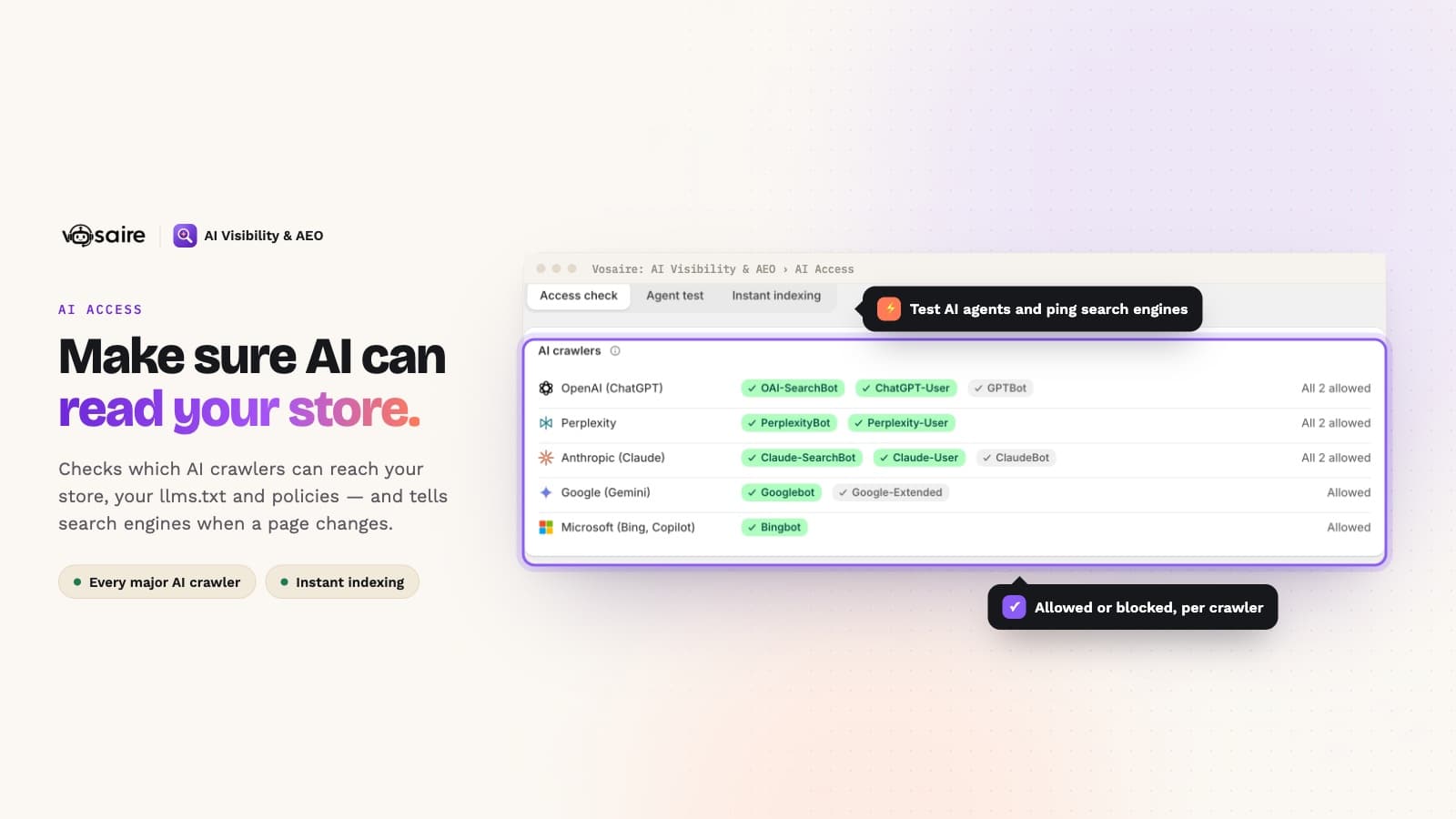 Make sure AI can read your store: which AI crawlers from OpenAI, Perplexity, Anthropic, Google and Microsoft are allowed or blocked.
