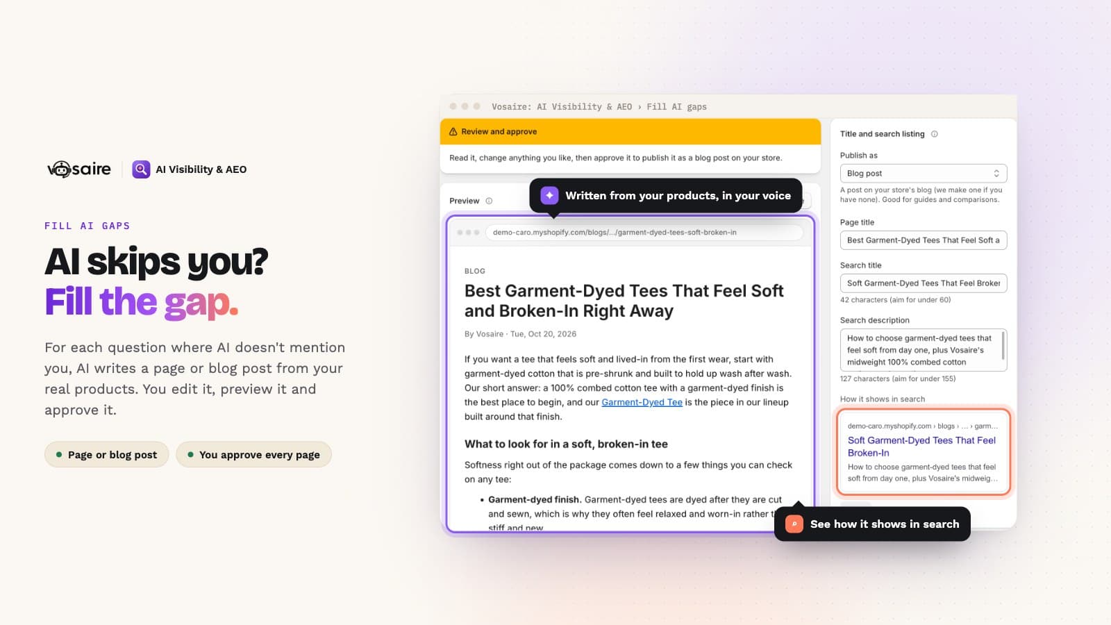 AI skips you? Fill the gap: an AI-written blog post for a question where AI doesn't mention the store, with how it shows in search, ready to approve.