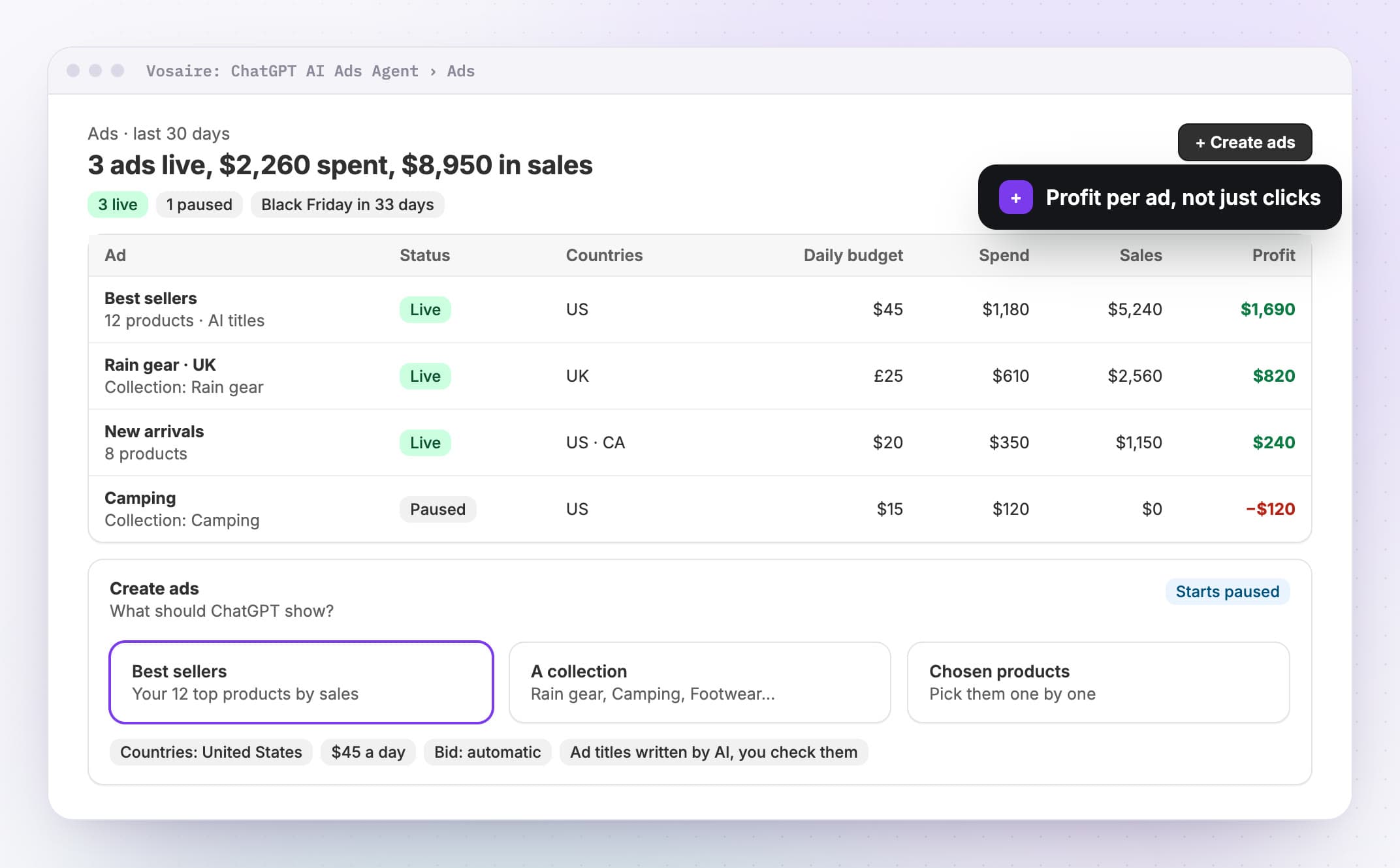 Ads: ChatGPT ads by country with daily budget, spend, sales and profit for each, and the create-ads form.