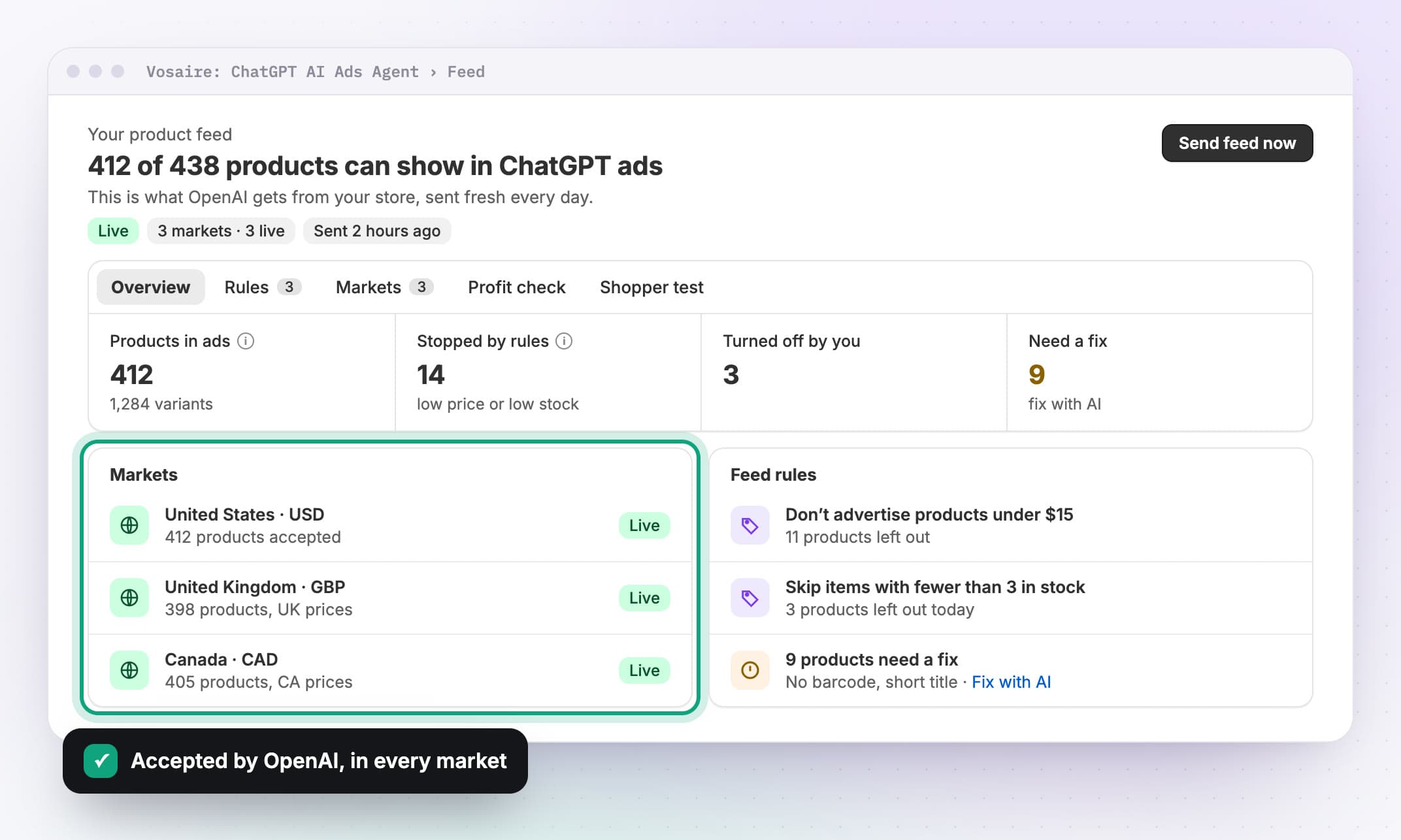 Product feed: 412 of 438 products live in ChatGPT across the US, UK and Canada, with feed rules and products that need a fix.
