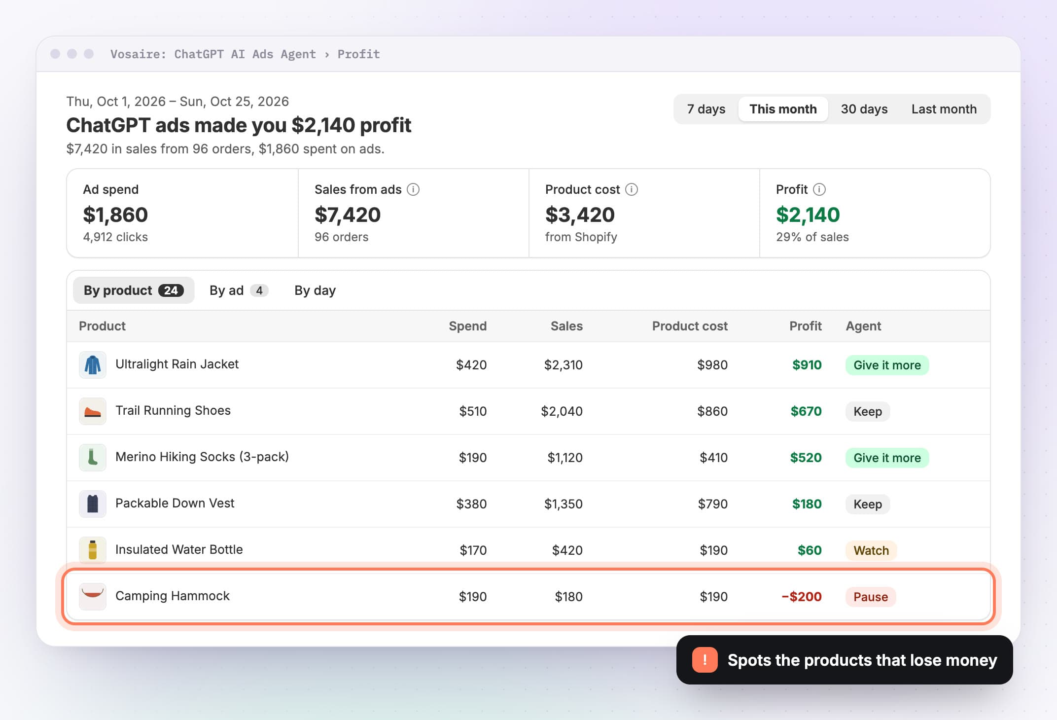 Profit: spend, sales from ads, product cost and profit, product by product, with a loss-making product flagged.