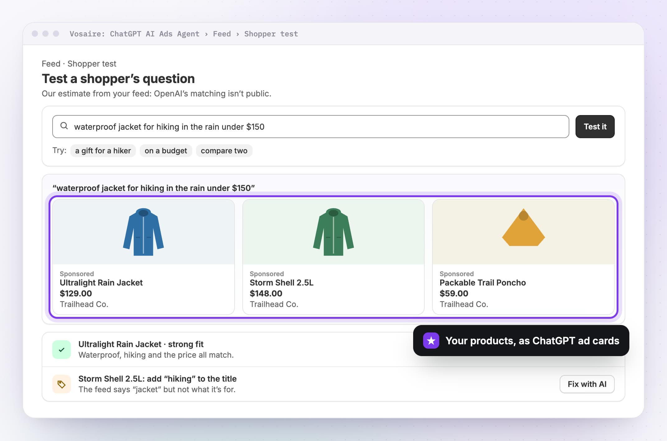 Shopper test: a ChatGPT question and the ad cards it would show from the store's products.