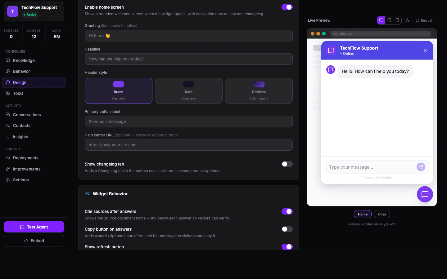 The Design tab showing theme options and live preview
