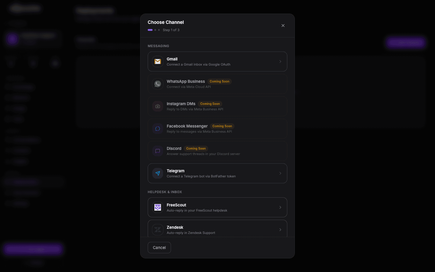 Vosaire integrations panel showing connected helpdesk tools and Shopify
