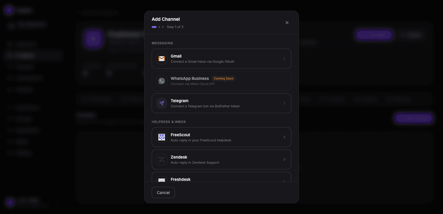 The Add Channel modal showing channel type options