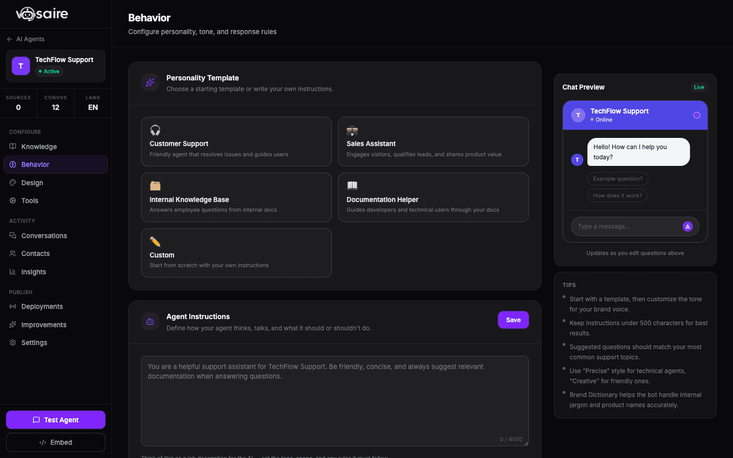 The Behavior tab showing personality template, instructions, and tone selector