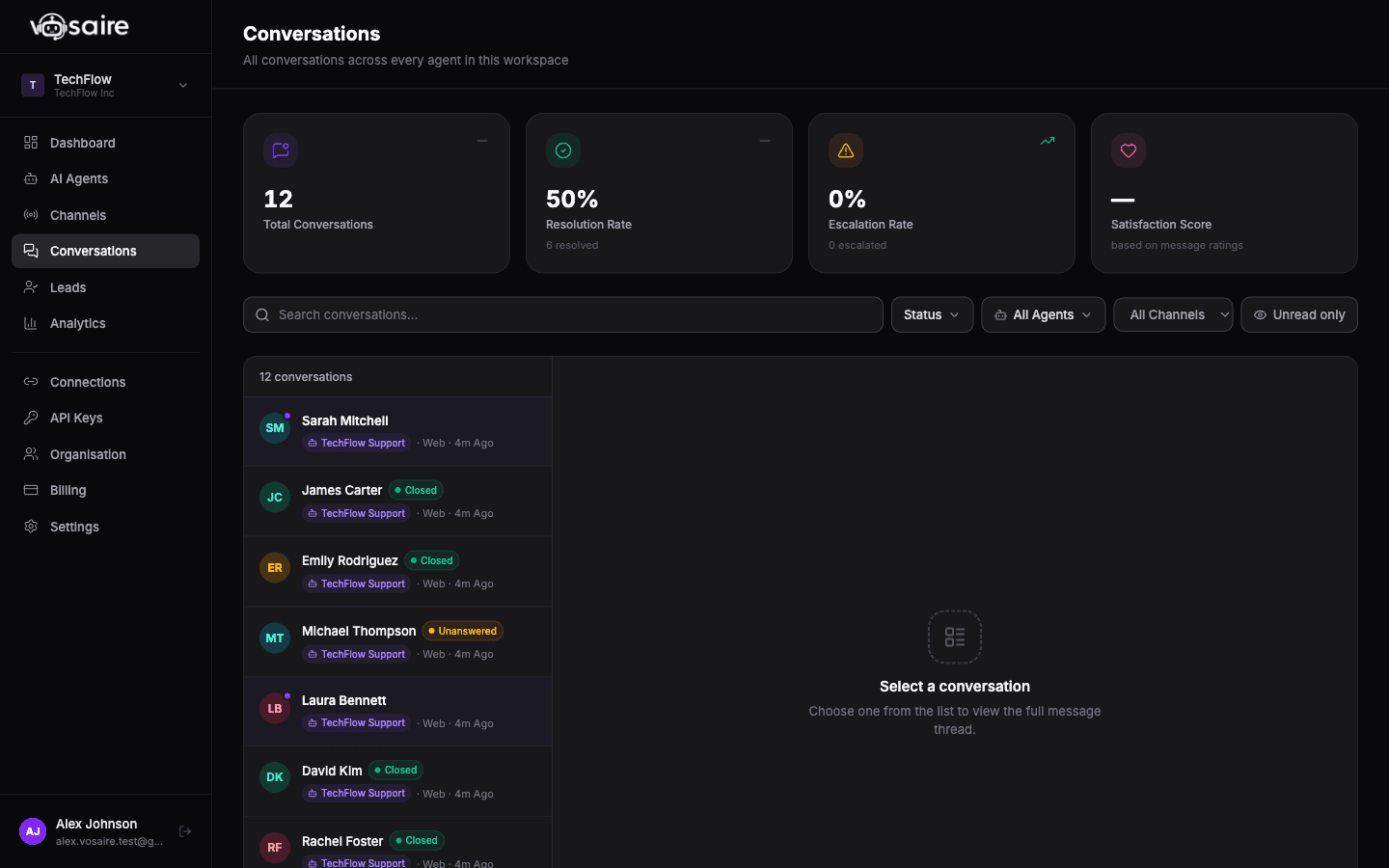 The conversations list showing recent chats with status badges and preview text