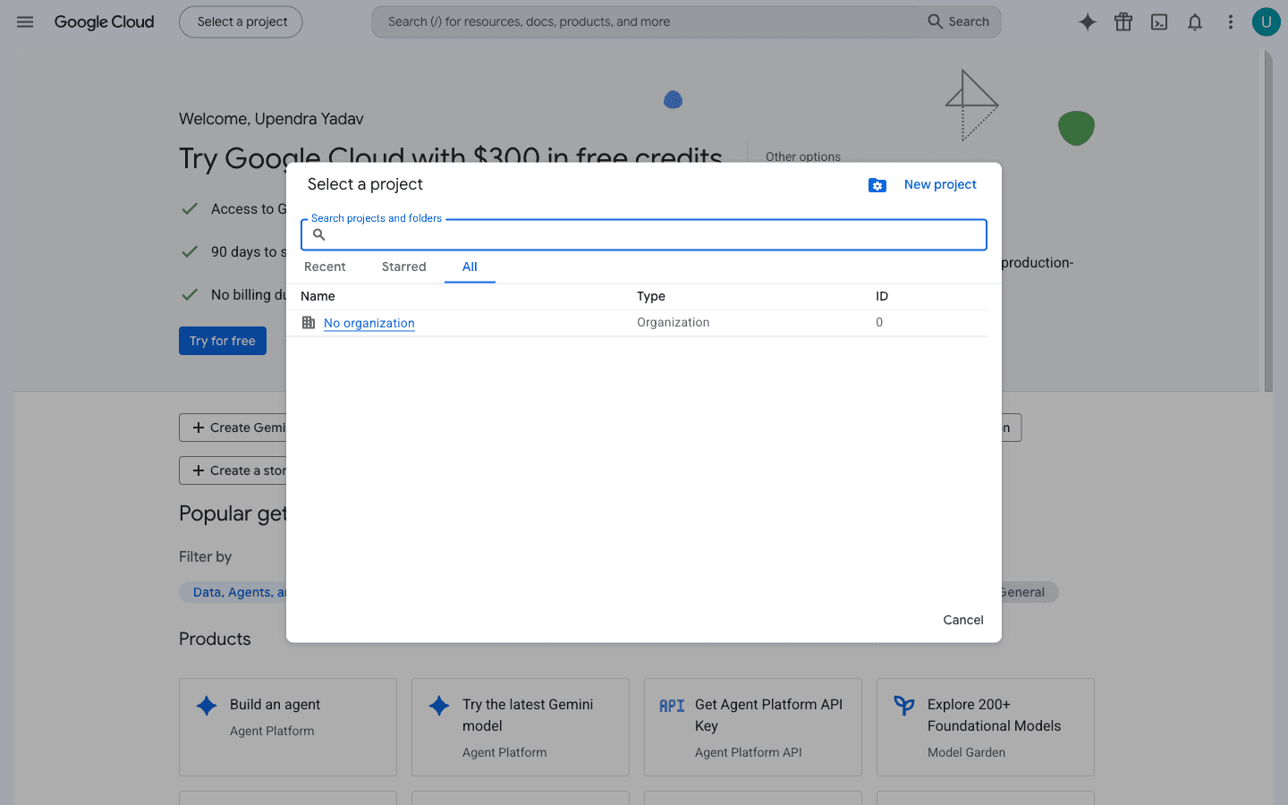 Project selector open in Google Cloud Console, showing the New Project button