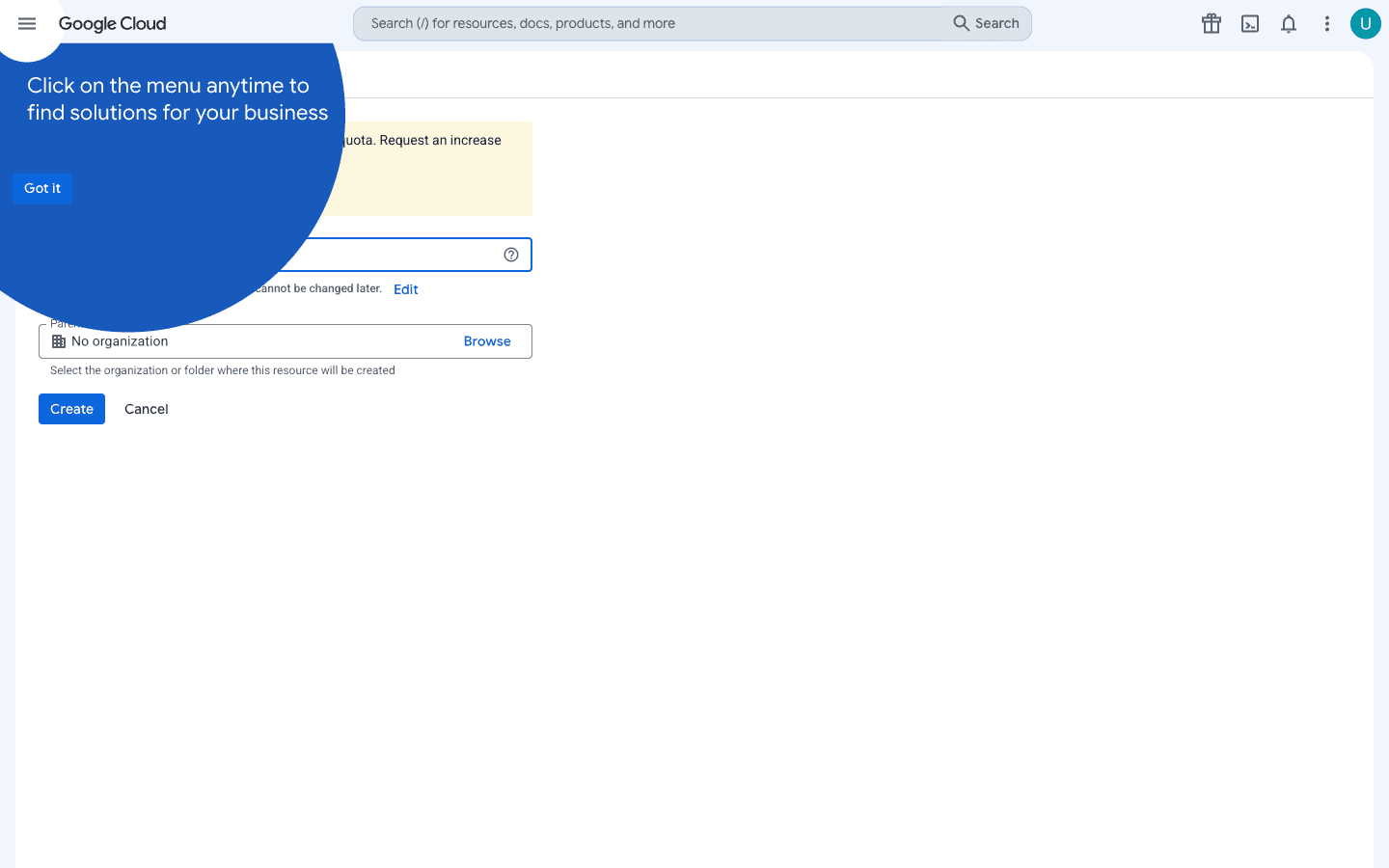 New Project form with project name filled in