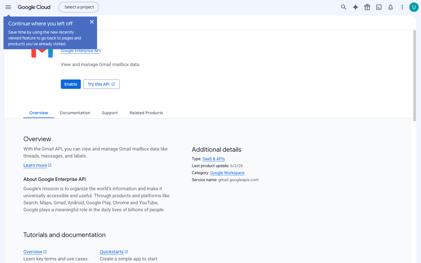 Gmail API page with Enable button