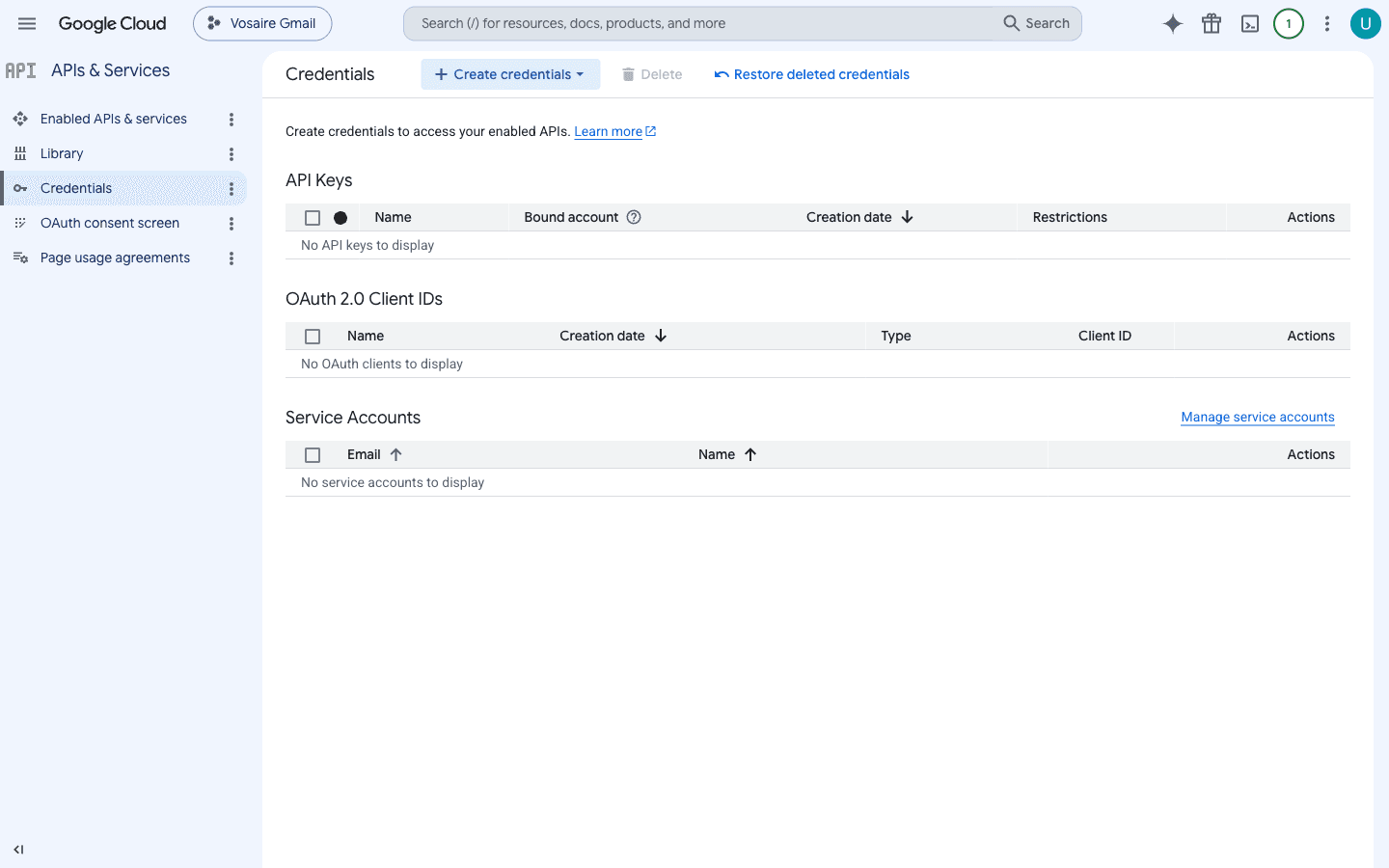 Credentials page with Create credentials button