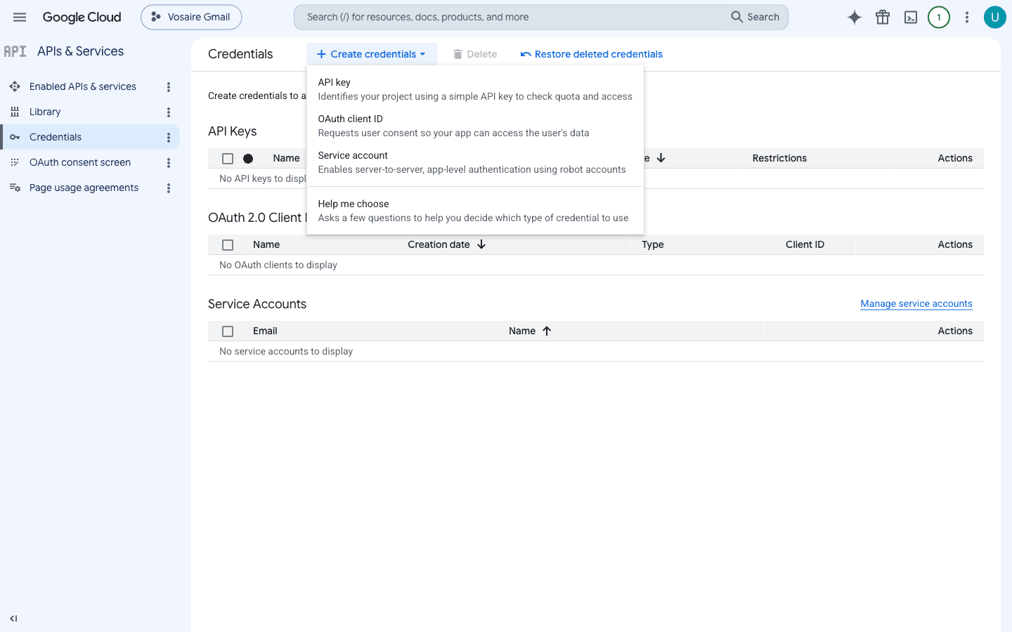 Create credentials dropdown showing OAuth client ID option