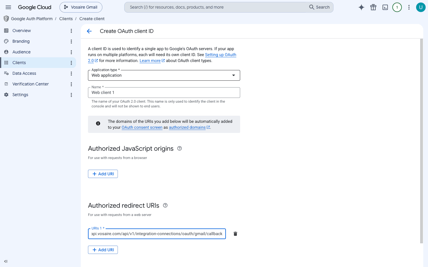 OAuth client ID form with Web application type and redirect URI filled in