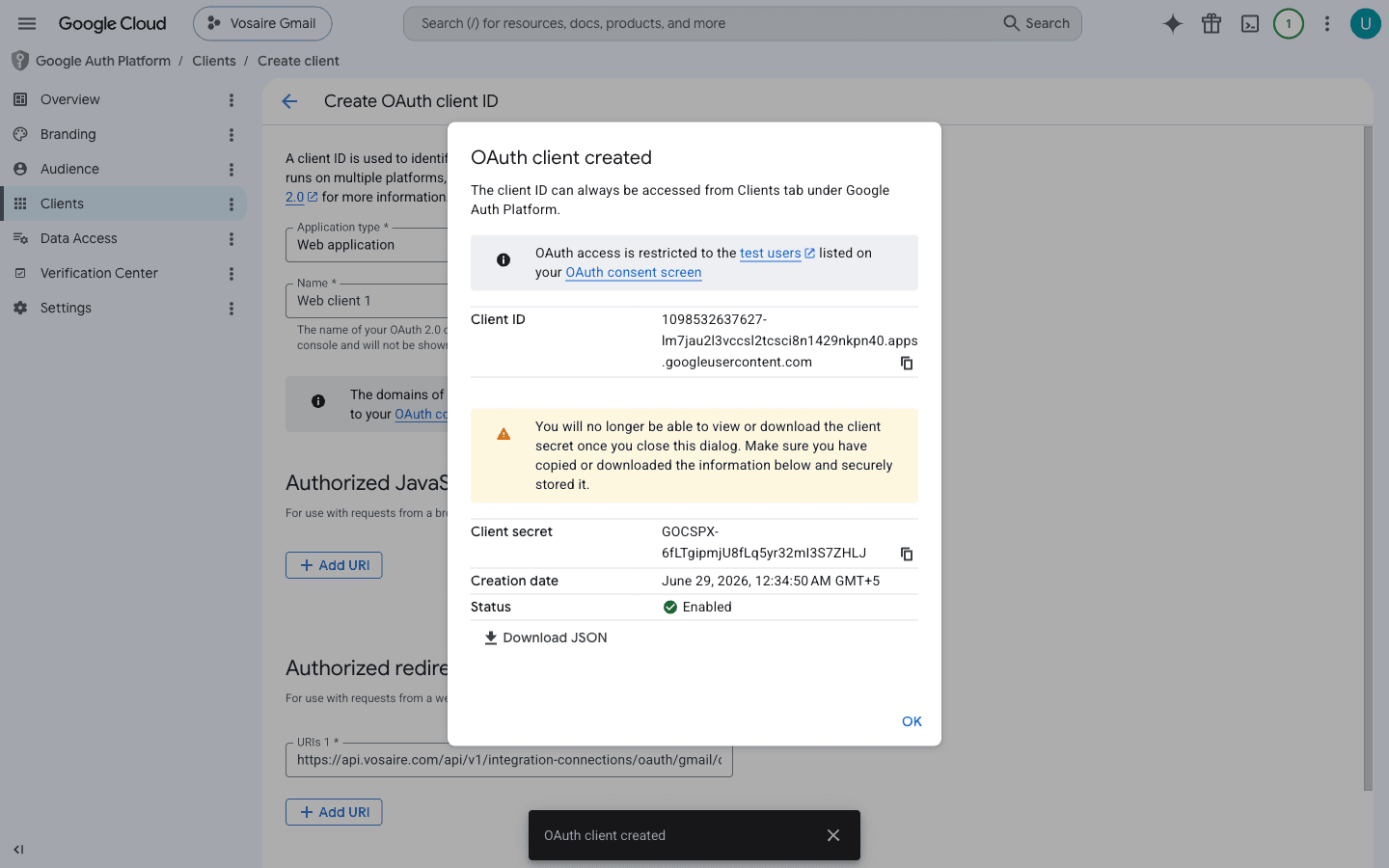 OAuth client created dialog showing Client ID and Client Secret