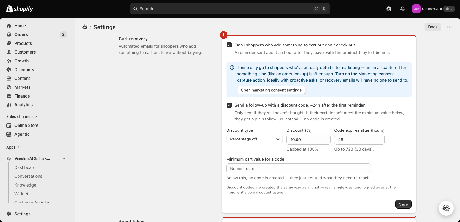 Cart recovery card with the reminder toggle, discount follow-up, and its fields expanded
