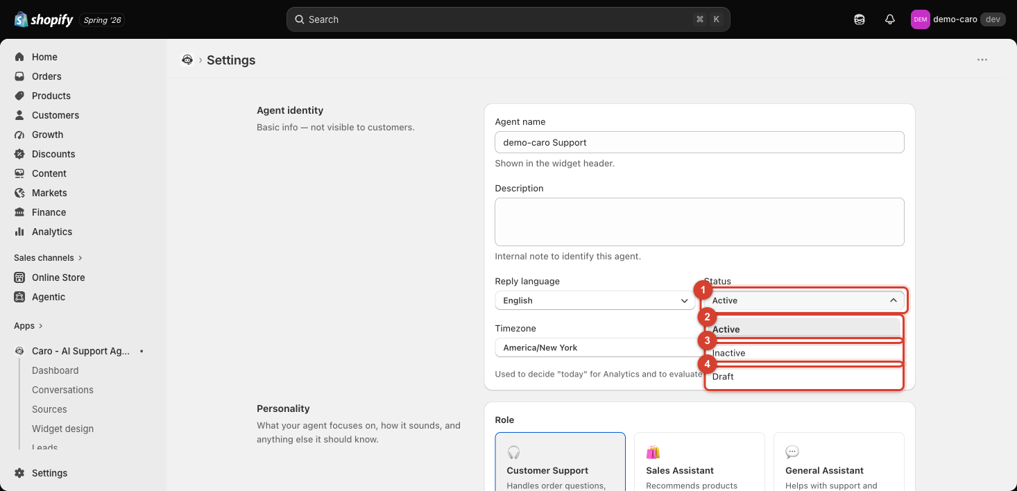 Status dropdown showing Active, Inactive, and Draft