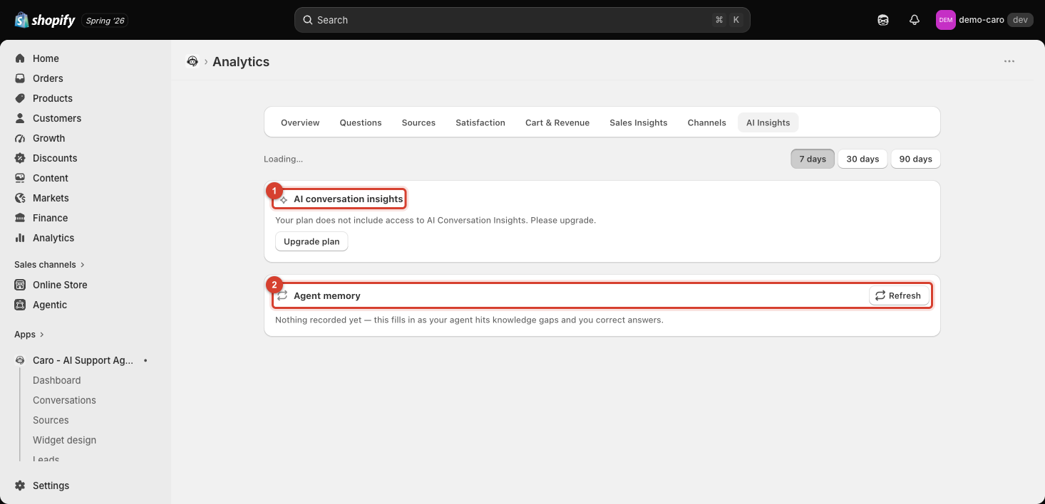 AI Insights tab showing AI conversation insights (locked) and Agent memory (free, empty state)