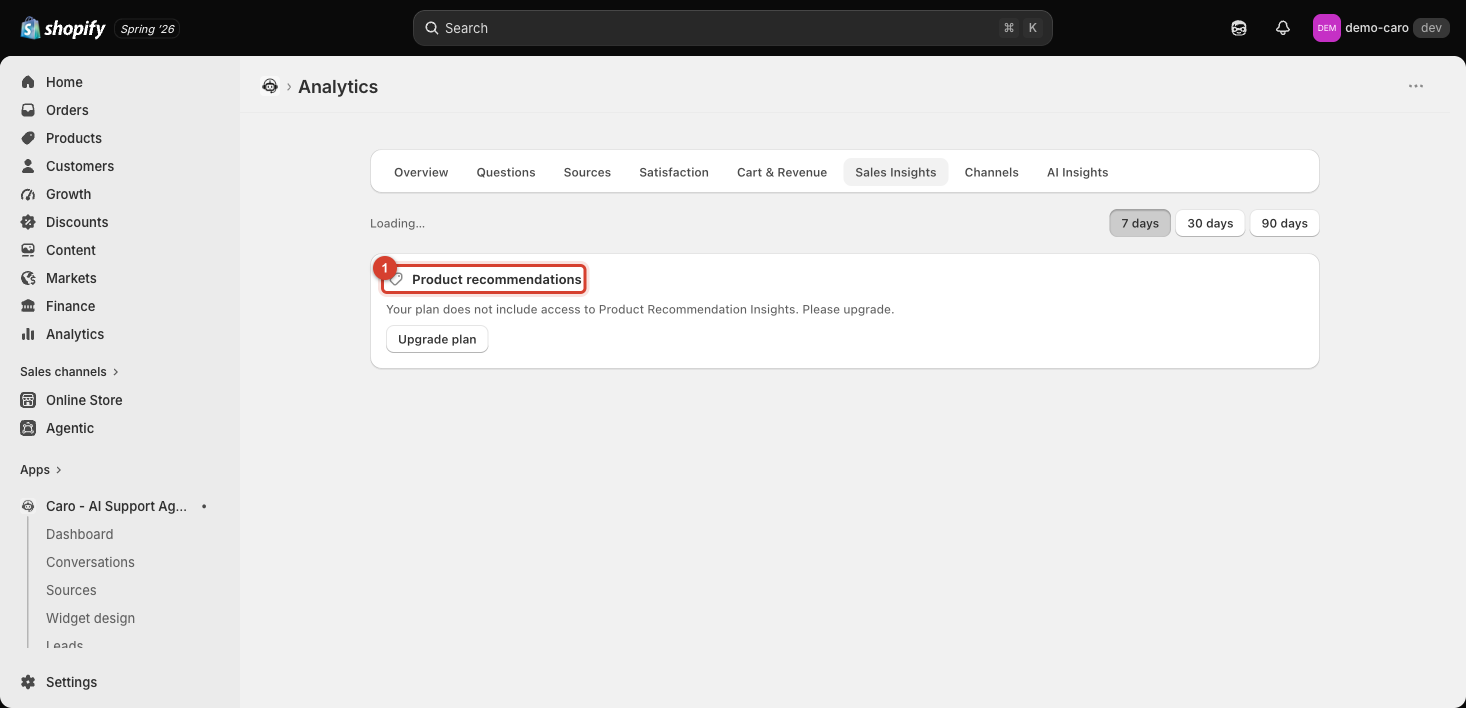 Sales Insights tab requiring an upgrade to Product Recommendation Insights
