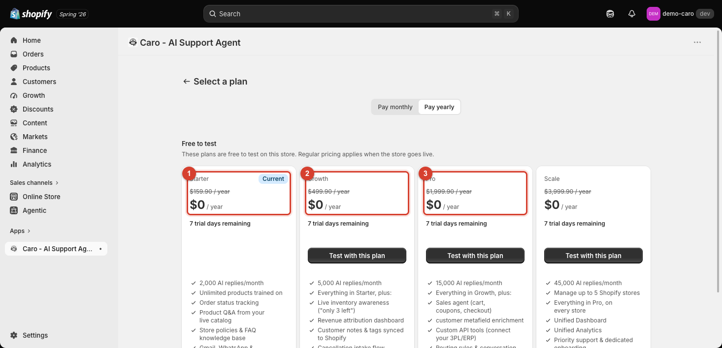 Pricing plan comparison showing Starter, Growth, and Pro side by side