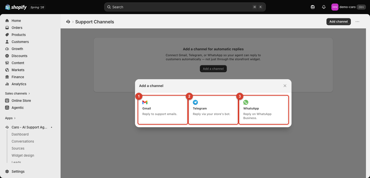 Support Channels empty state with Add a channel button