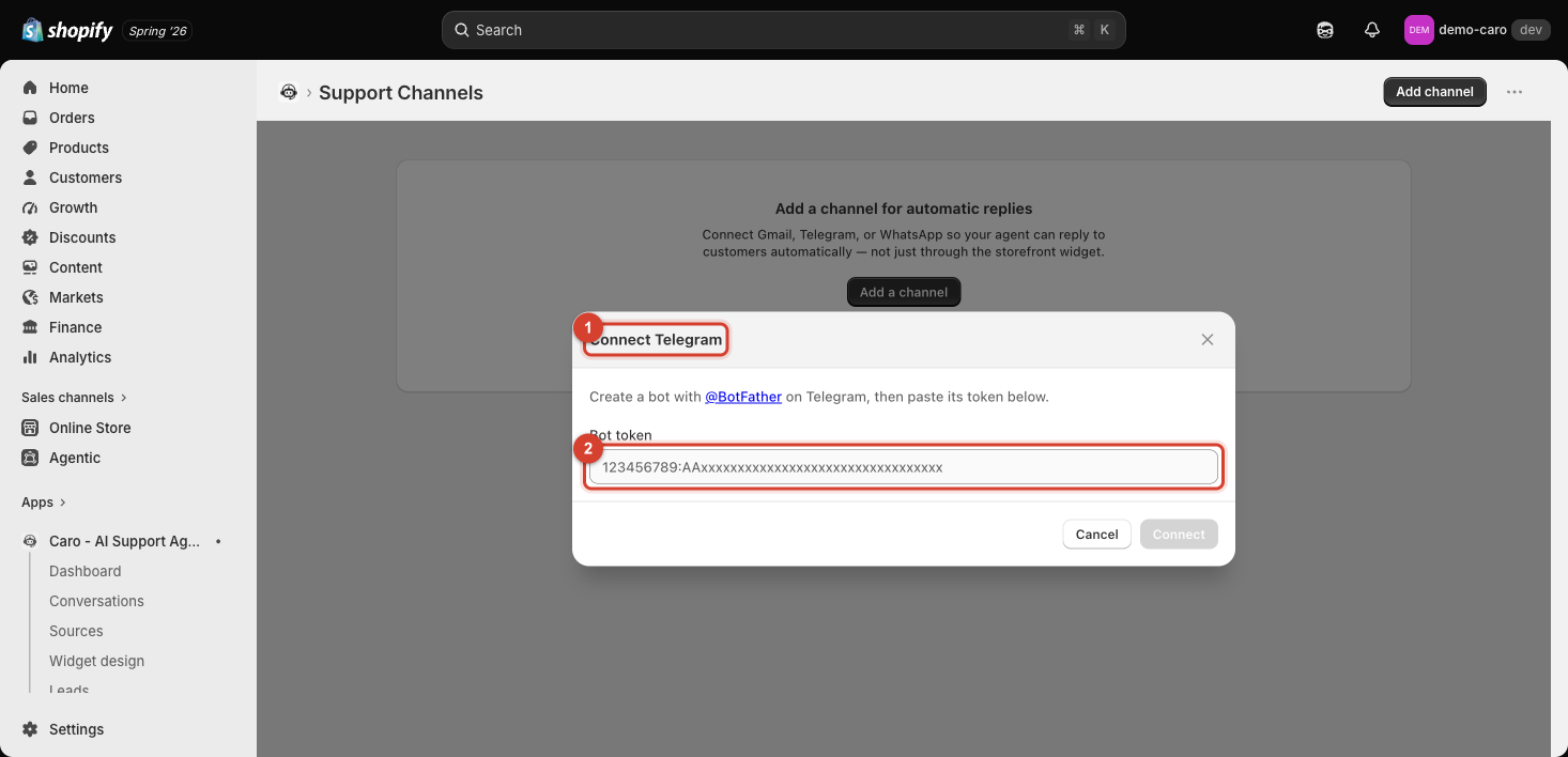 Connect Telegram dialog with the bot token field highlighted