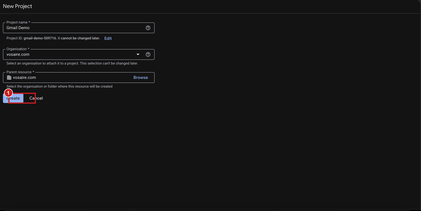 Google Cloud Console's New Project form, with the Create button highlighted