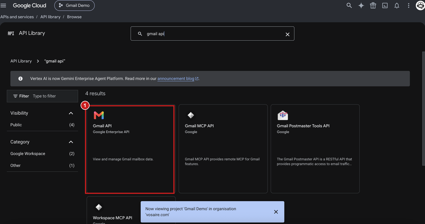 API Library search results for "gmail api", with the Gmail API card highlighted