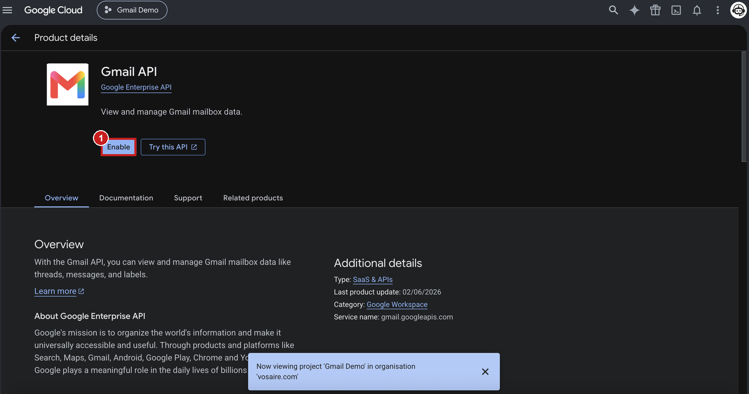 Gmail API product page, with the Enable button highlighted