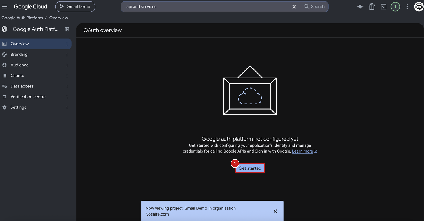 Google Auth Platform overview page, with the Get started button highlighted