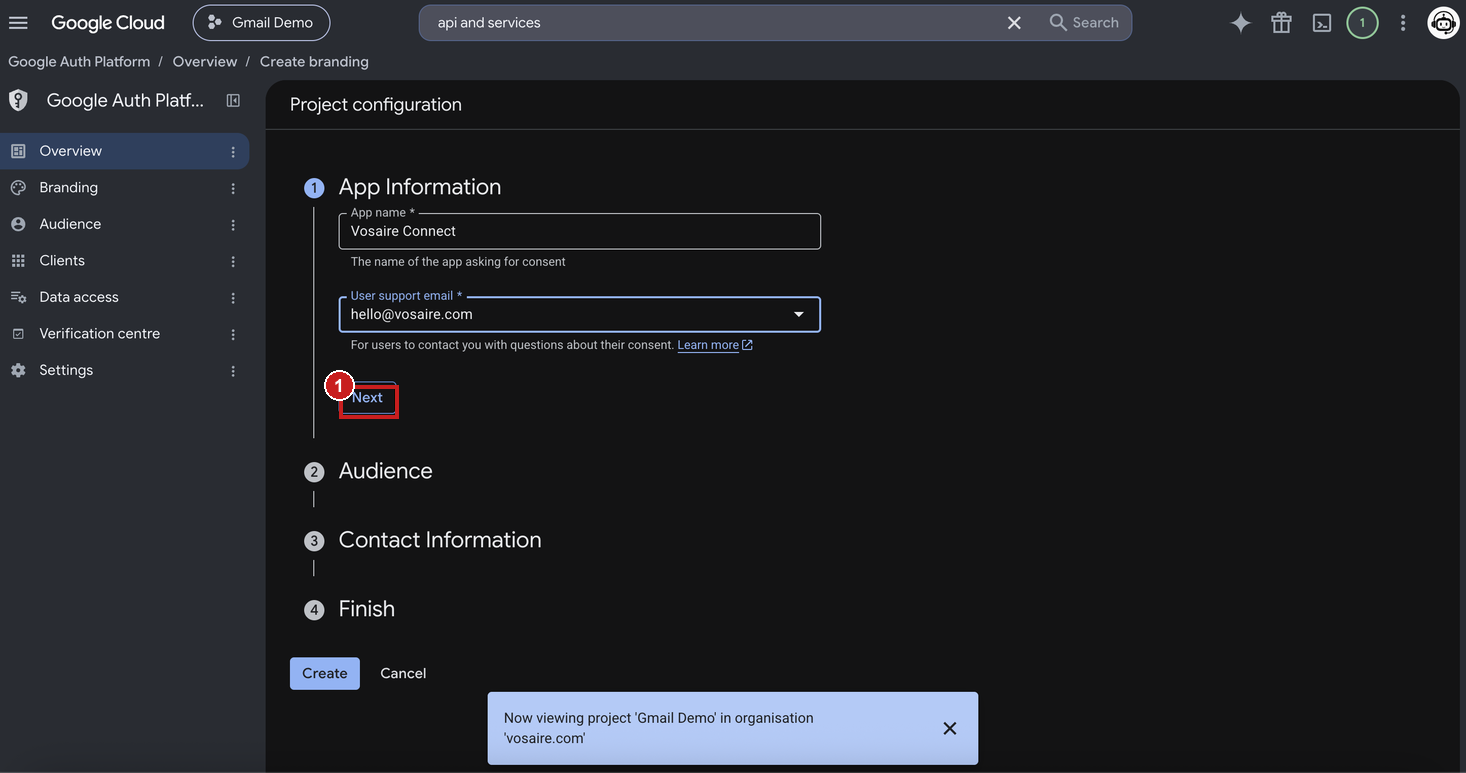 App Information step with name and support email filled in, Next button highlighted