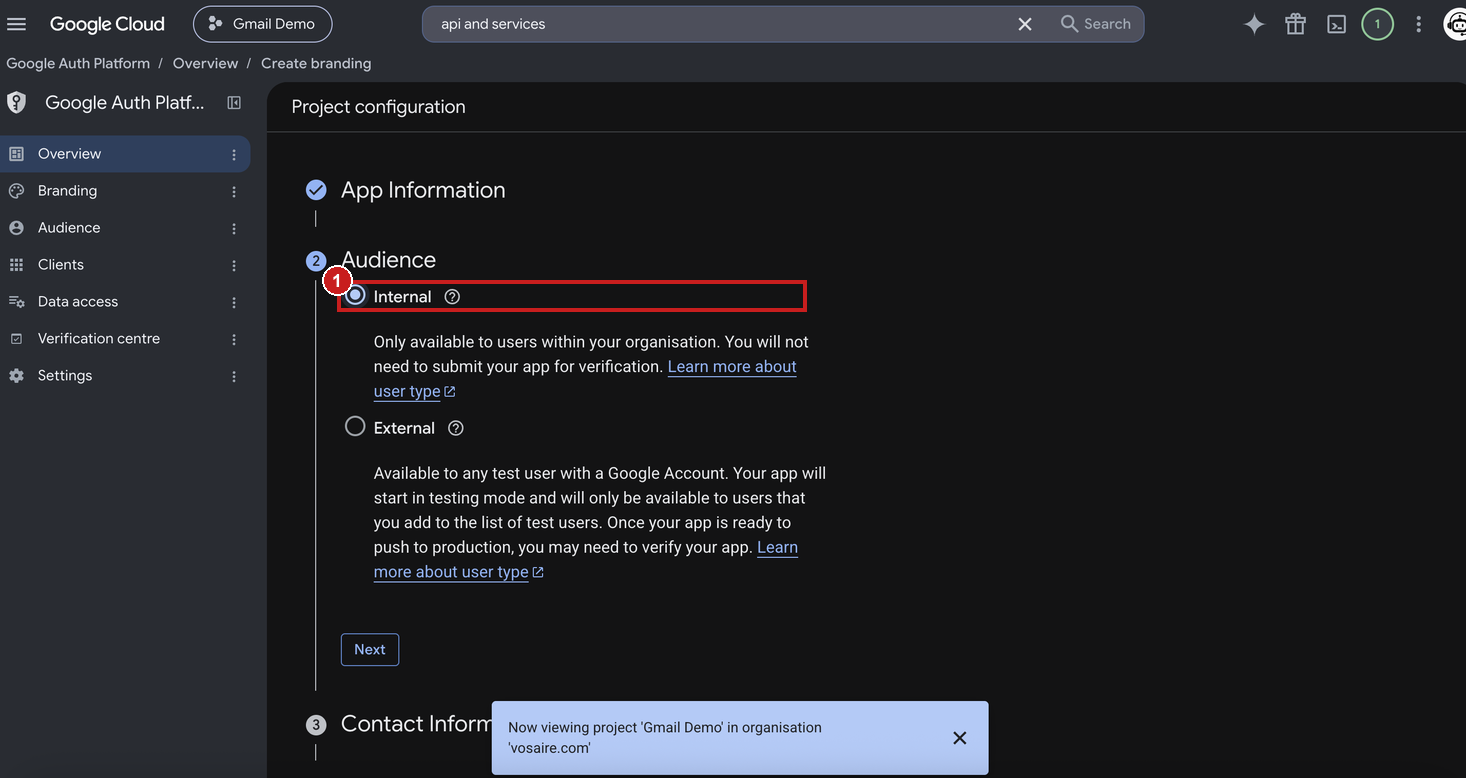 Audience step with the Internal option selected and highlighted