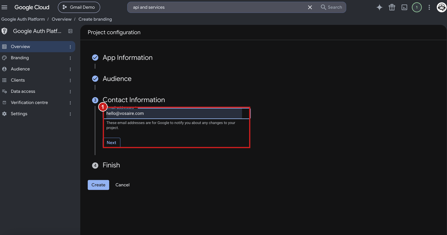 Contact Information step with an email address filled in, Next button highlighted