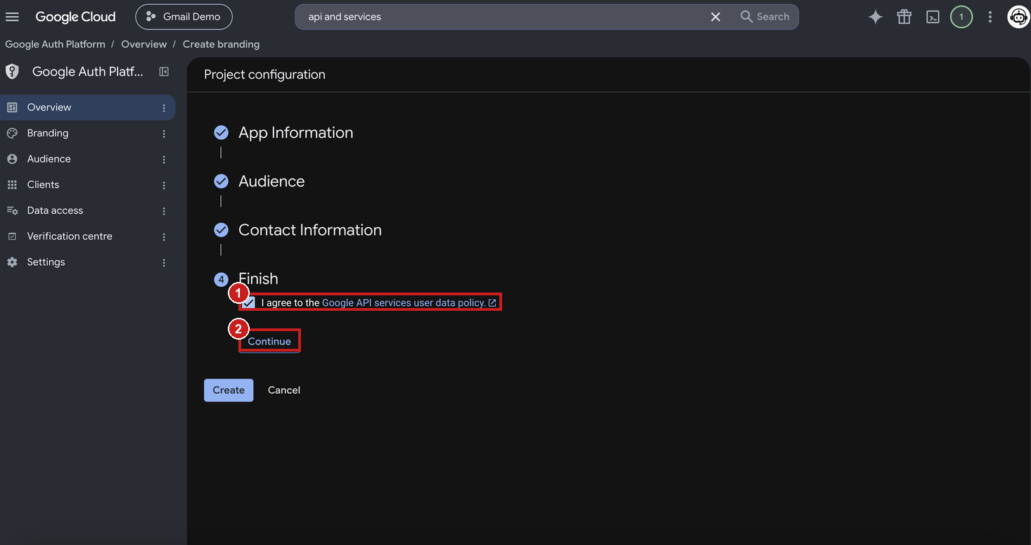 Finish step with the user data policy checkbox checked and Continue highlighted