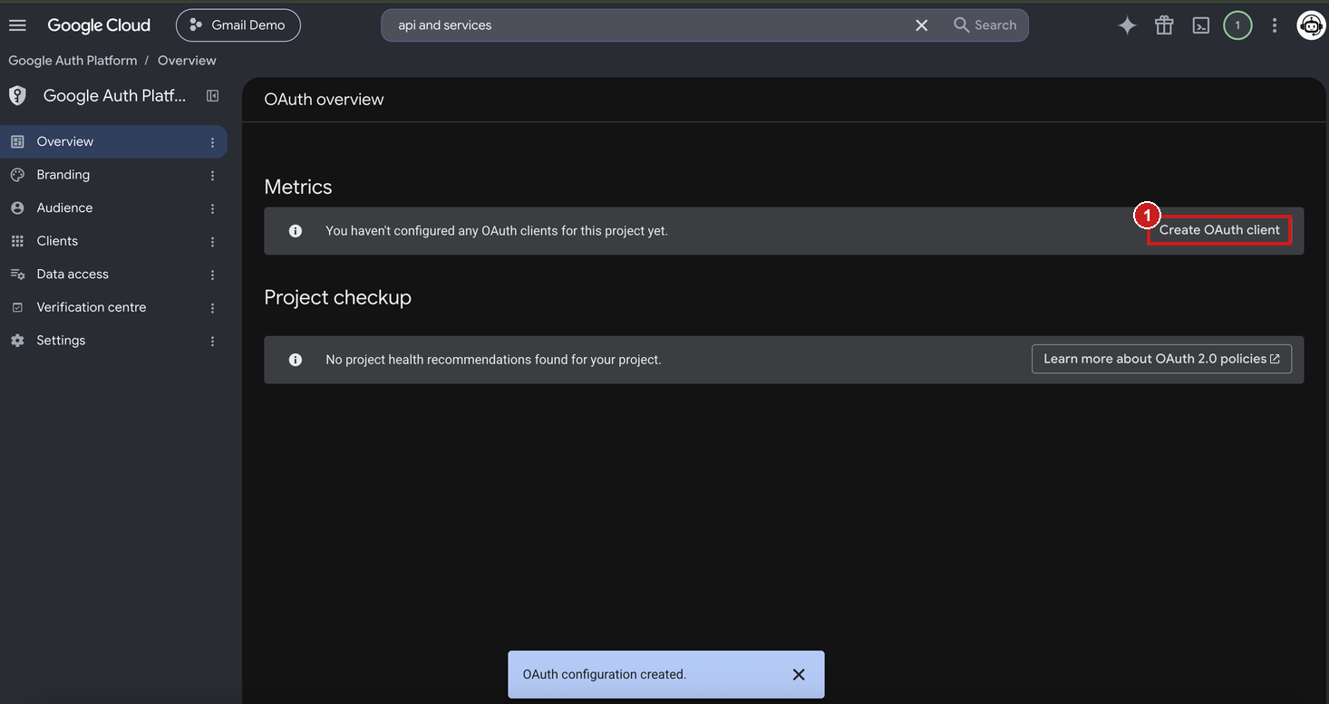 OAuth overview page with the Create OAuth client button highlighted