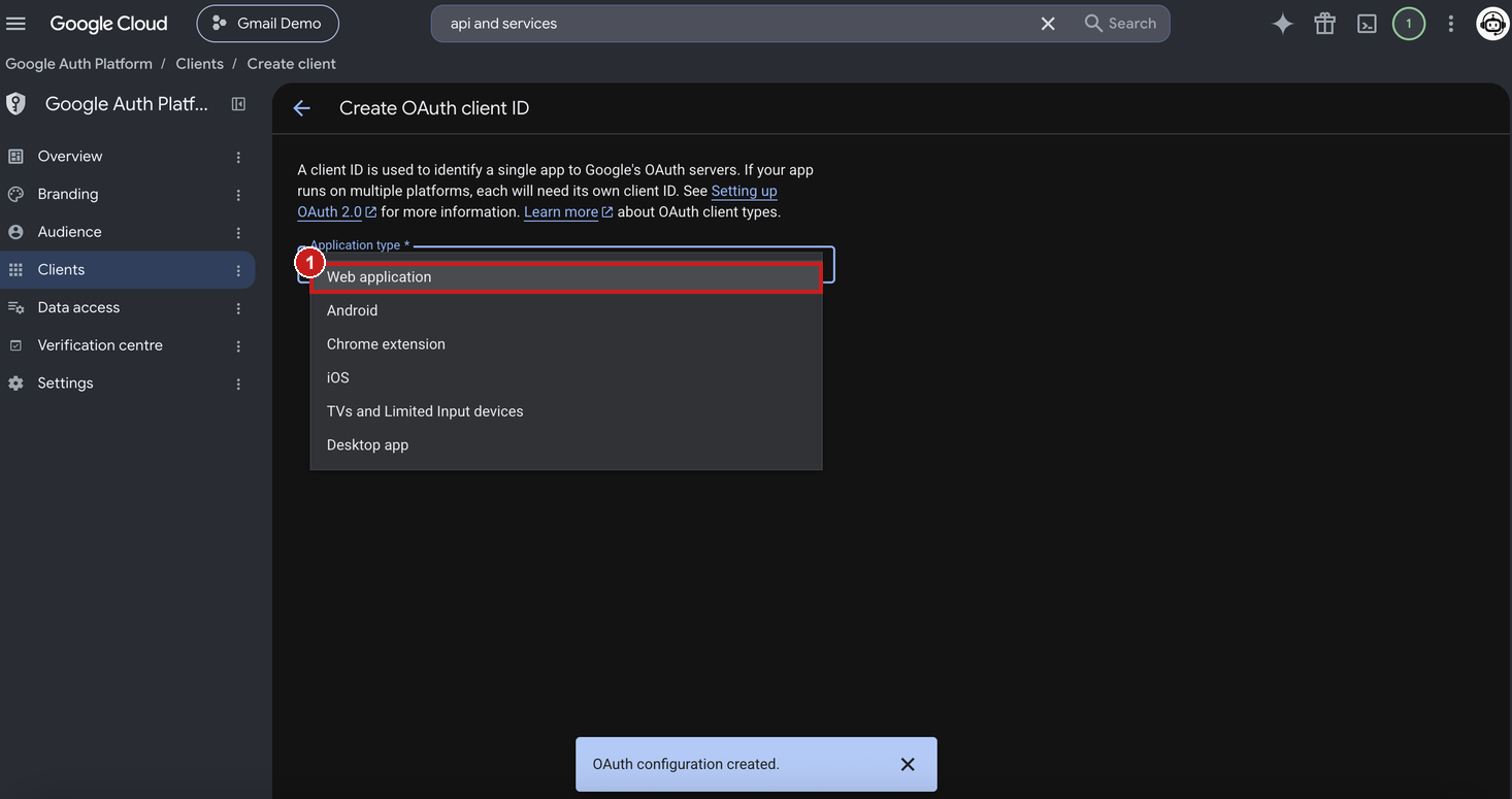 Application type dropdown with Web application highlighted