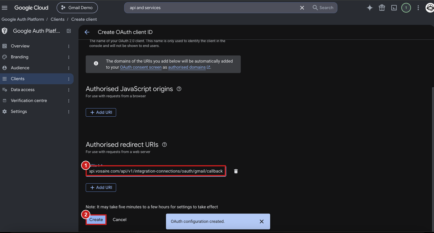 Create OAuth client ID form with the redirect URI filled in, Create button highlighted