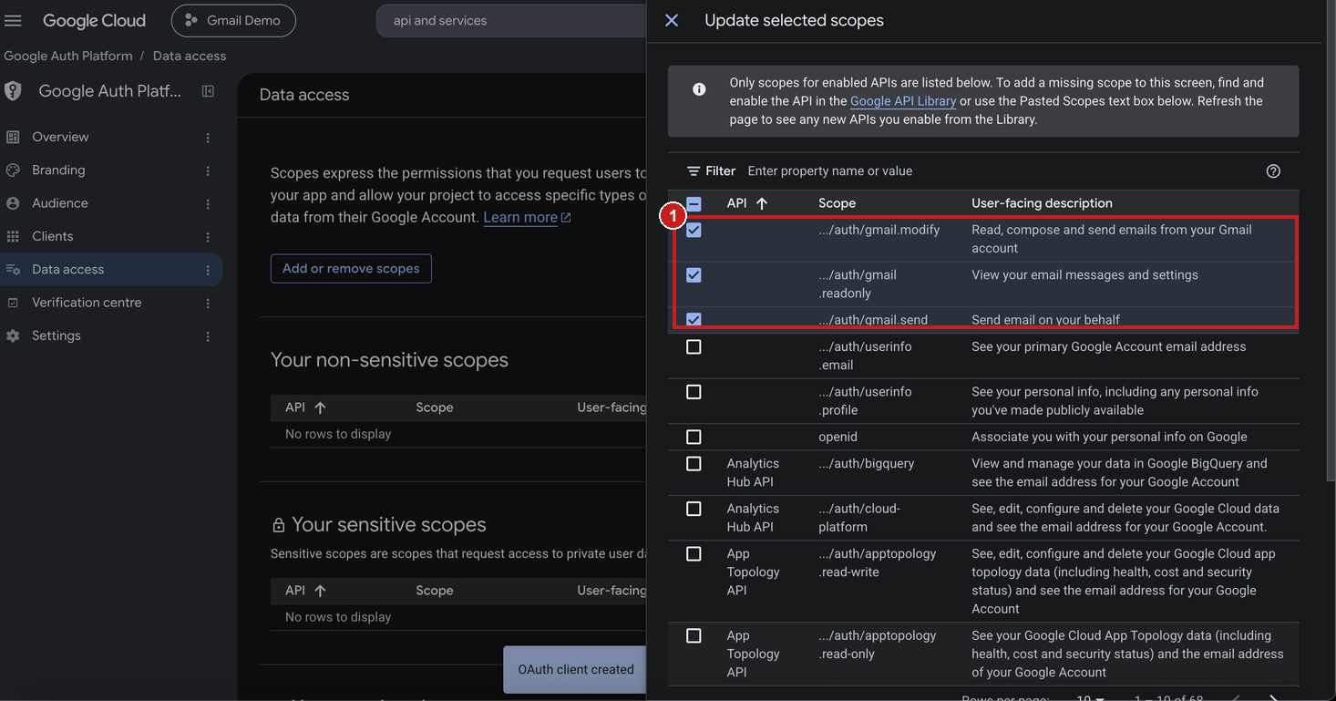 Scopes list with gmail.modify, gmail.readonly, and gmail.send all checked