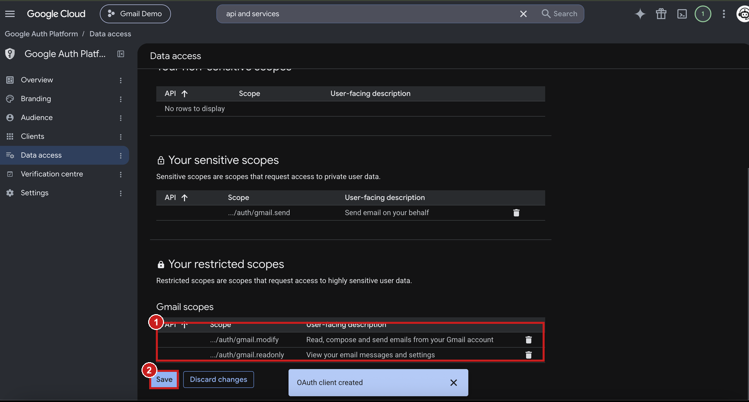 Data access page showing the three Gmail scopes added, Save button highlighted