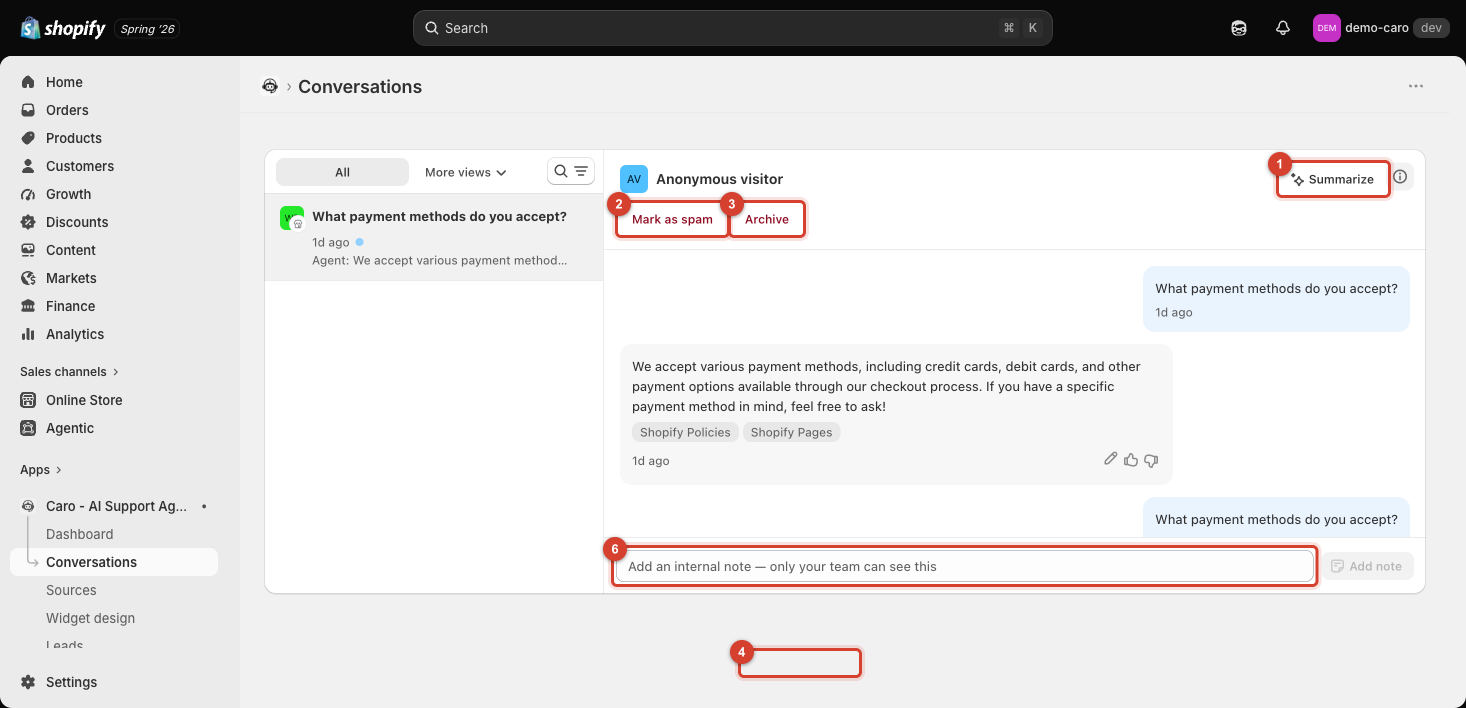 Conversation transcript showing a reply with its source tags and feedback icons