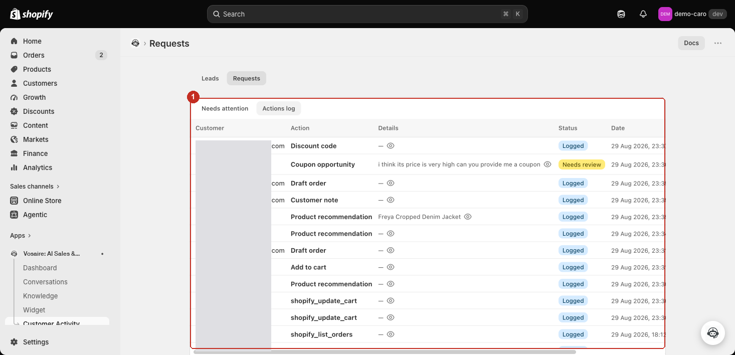 Actions log tab showing a full history of logged actions across customers