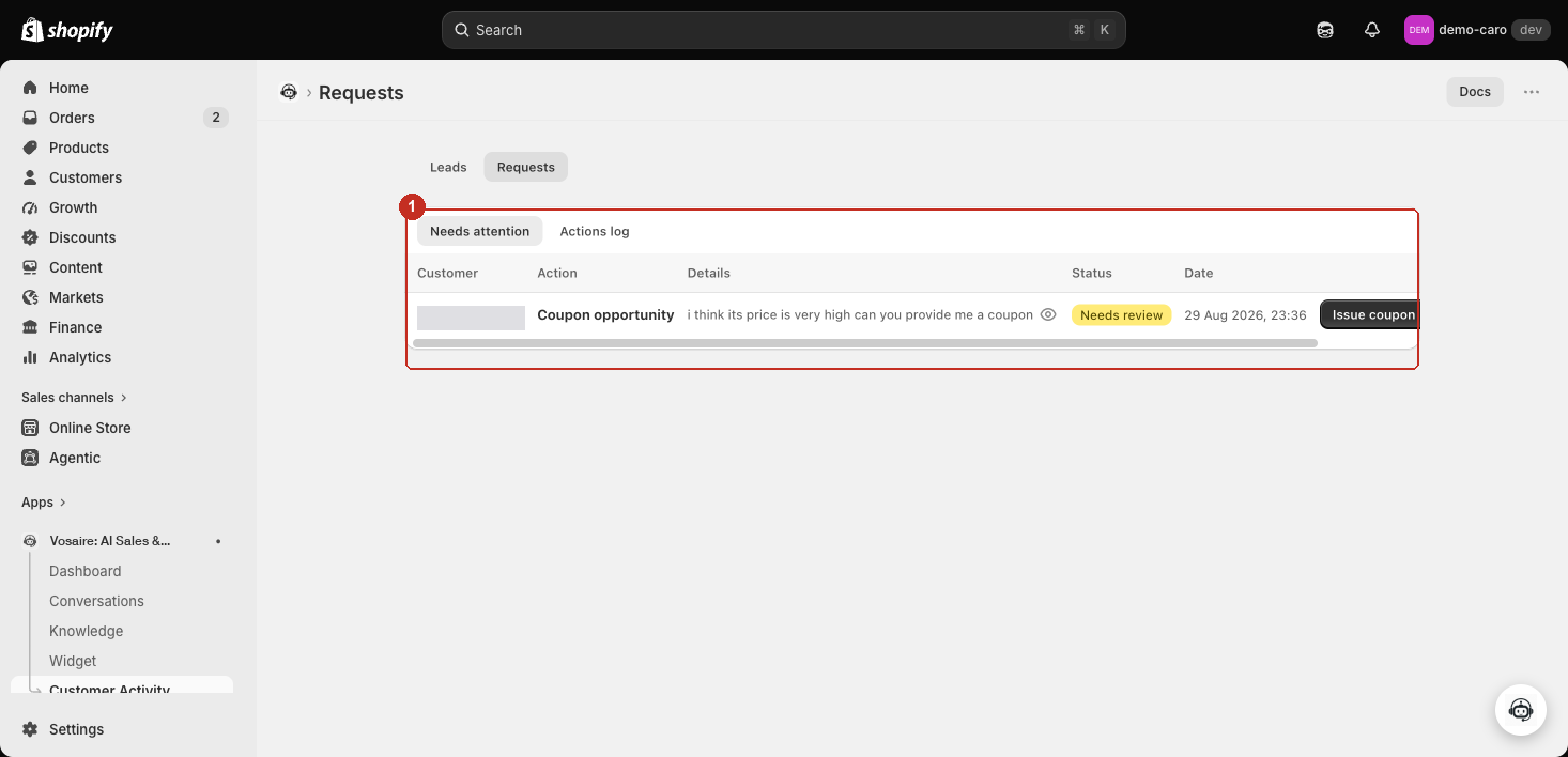 Needs attention tab showing a coupon opportunity request with an Issue coupon button