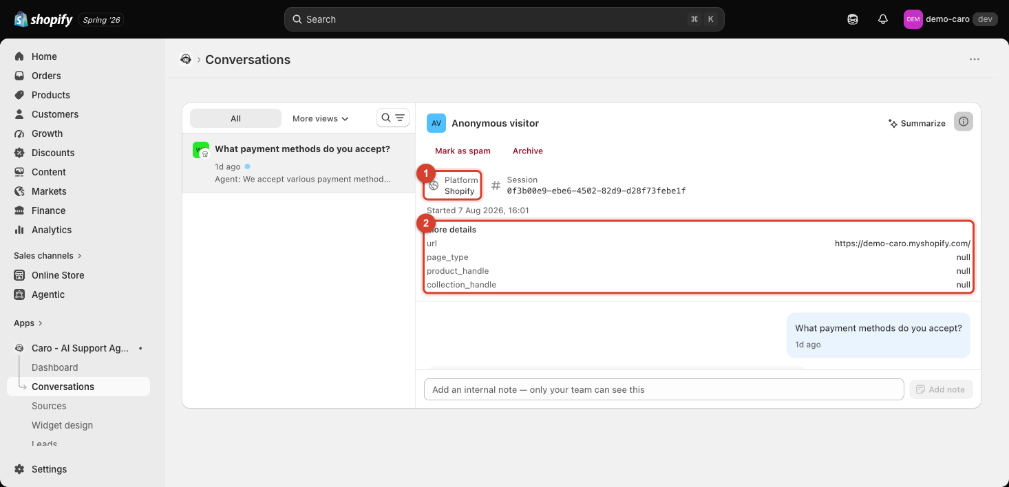 Conversation detail panel showing Platform, Session ID, and page context (url, page_type, product_handle, collection_handle)