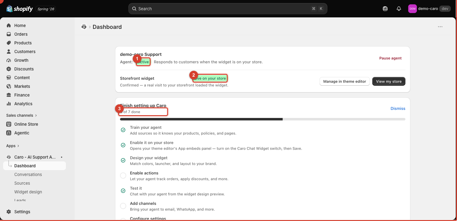 Dashboard overview with agent status, widget status, and setup checklist highlighted