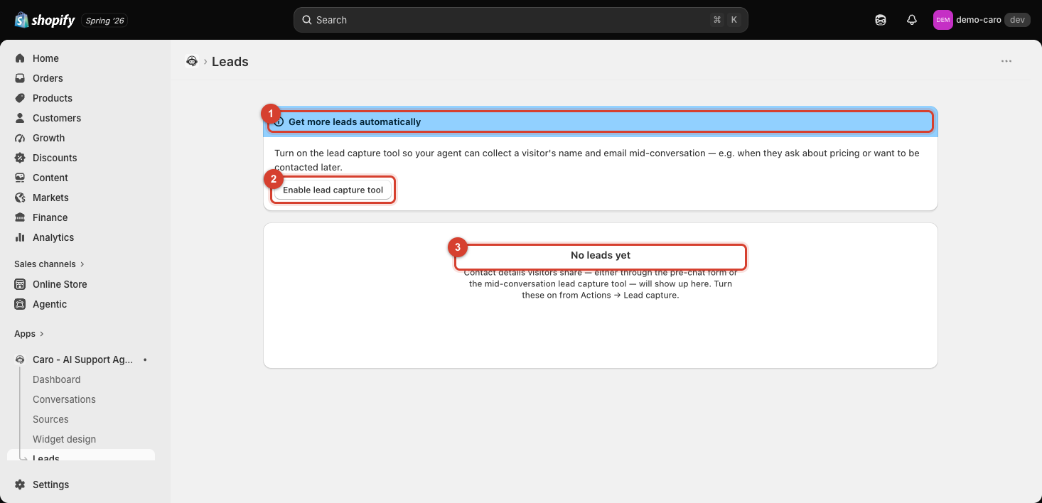 Leads page showing the "Get more leads automatically" banner and empty state