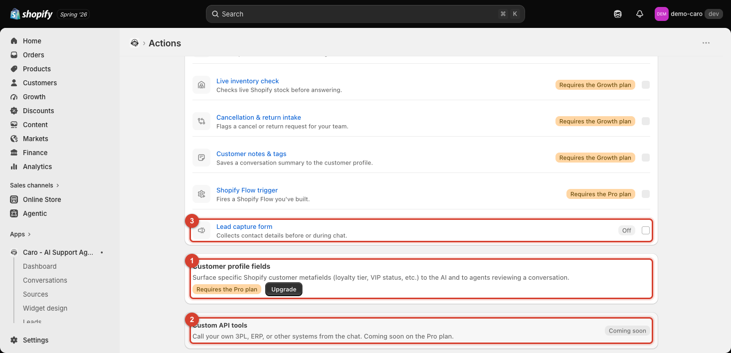 Bottom of the Actions page showing Lead capture form, Customer profile fields, and Custom API tools