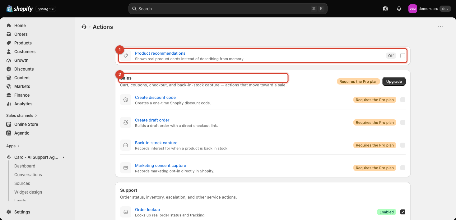 Actions page top showing Product recommendations and the Sales section with per-action plan badges