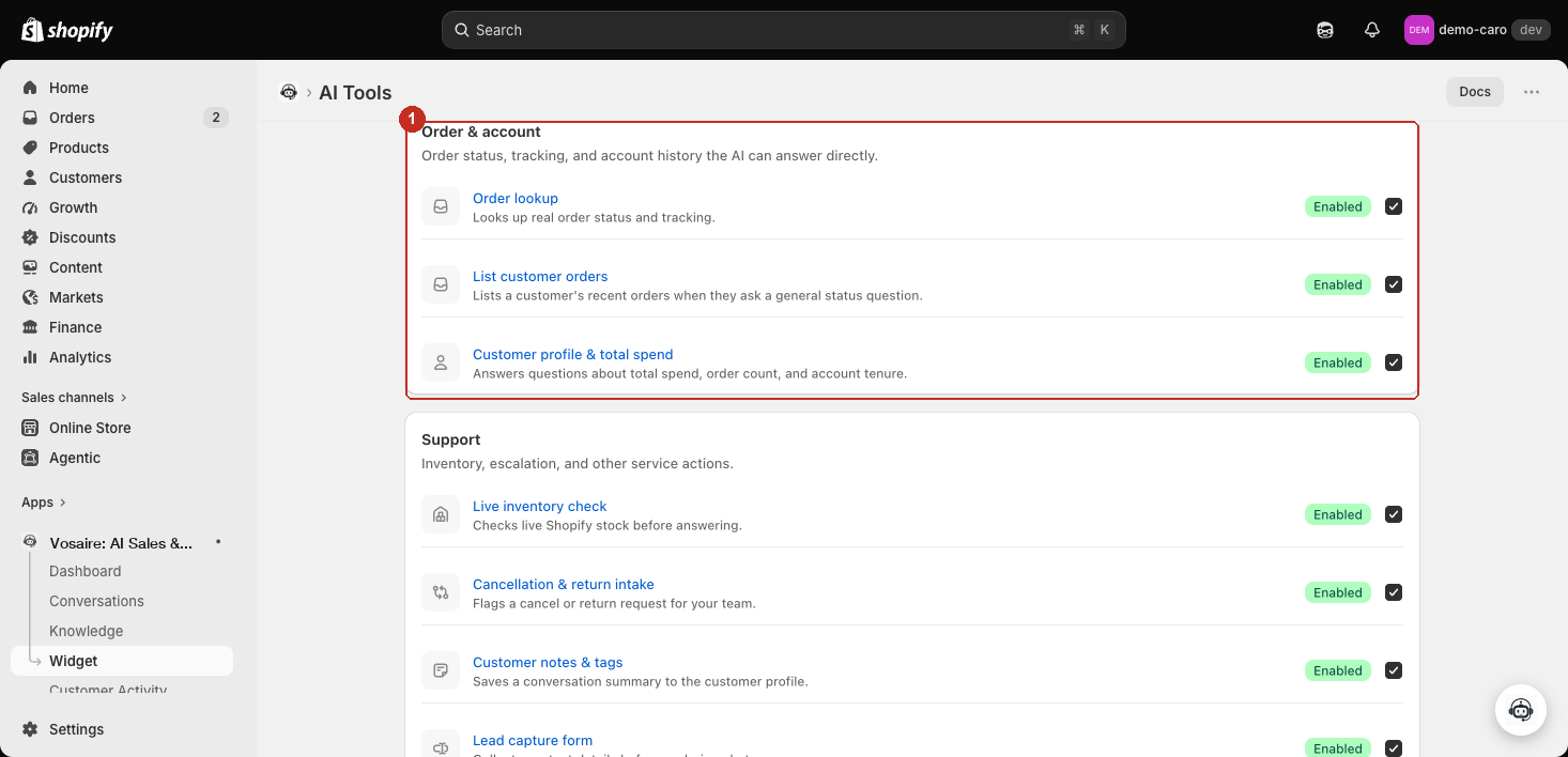Order & account section showing Order lookup, List customer orders, and Customer profile & total spend